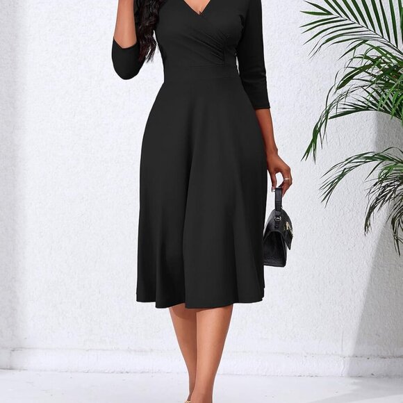 Women's Wrap Midi Dress V-Neck Flared Sleeve Casual Party Wedding Guest - Picture 6 of 6